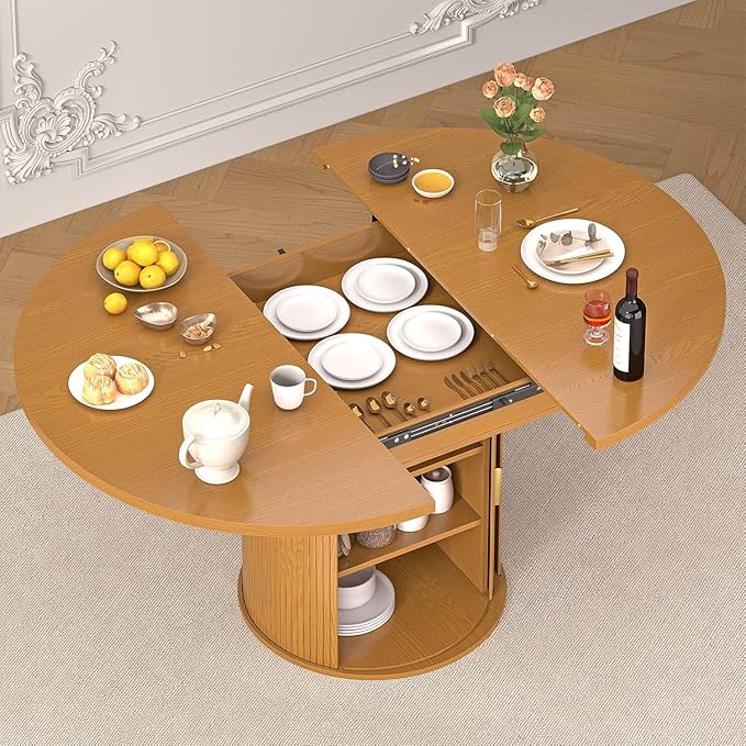 DHH 47"-63" Extendable Round Dining Table for 4–8 with Storage, Mid Century Modern Farmhouse Wood Oval Dinner Table with Pedestal Base for Kitchen, Living Room (Yellow Walnut)