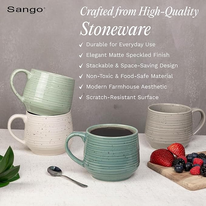 Sango Siterra Artist's Blend 17 oz. Stoneware Mug Set- Service for 4, Rustic Design, Green/White/Beige, Scratch-Resistant, Microwave & Dishwasher Safe, for Everyday Dining & Entertainment
