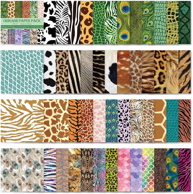 Square Origami Paper 6x6 Double Sided 50 Sheets 50 Colors 70GSM Origami Kit Japanese Chiyo Easy Fold Arts Crafts DIY Handwork Animal Fur