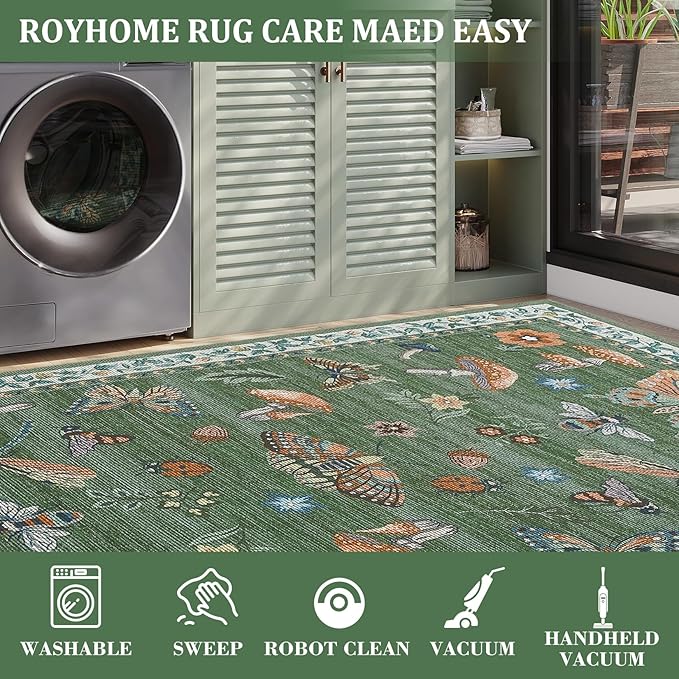 Washable 8x10 Mushroom Floral Rugs for Living Room Low Pile Soft Bedroom Large Accent Carpet Non Slip Non Shedding Nursery Playroom Carpet Mats Boho Vintage Green Carpets for Dining Apart Dorm, Green