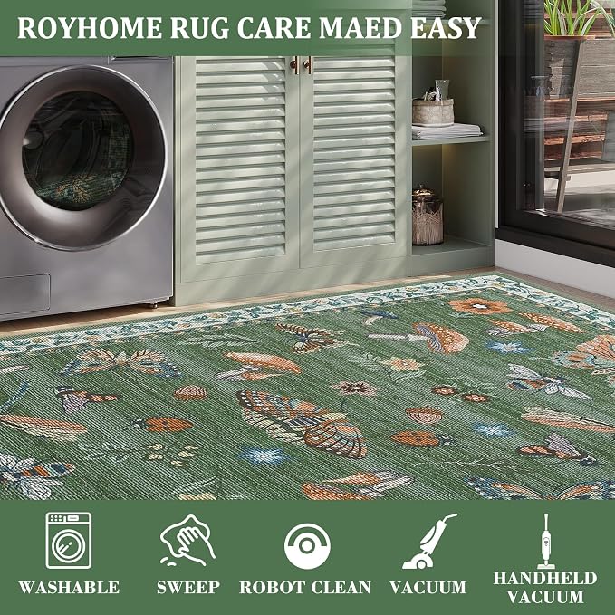 Washable 2x6 Vintage Runners for Hallway Entryway Retro Distressed Kitchen Carpet Runner Low Pile Soft Bedside Boho Carpet Non Slip Bath Rug Non Shed Thin Floral Accent Carpets, Green