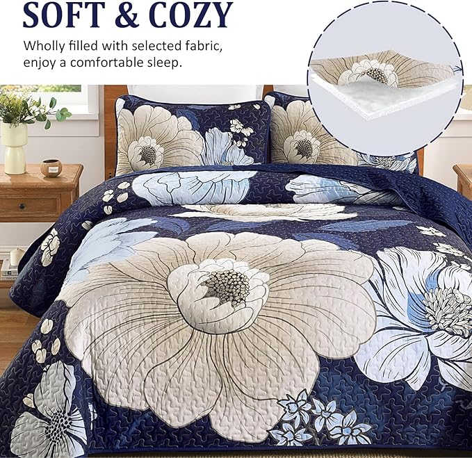 Dintszyayue Blue Quilt Set King, 3 Pieces Floral Bedspreads Lightweight Coverlet Set for All Seasons, Reversible Quilted Printed Bedding Set with 2 Pillow Shams