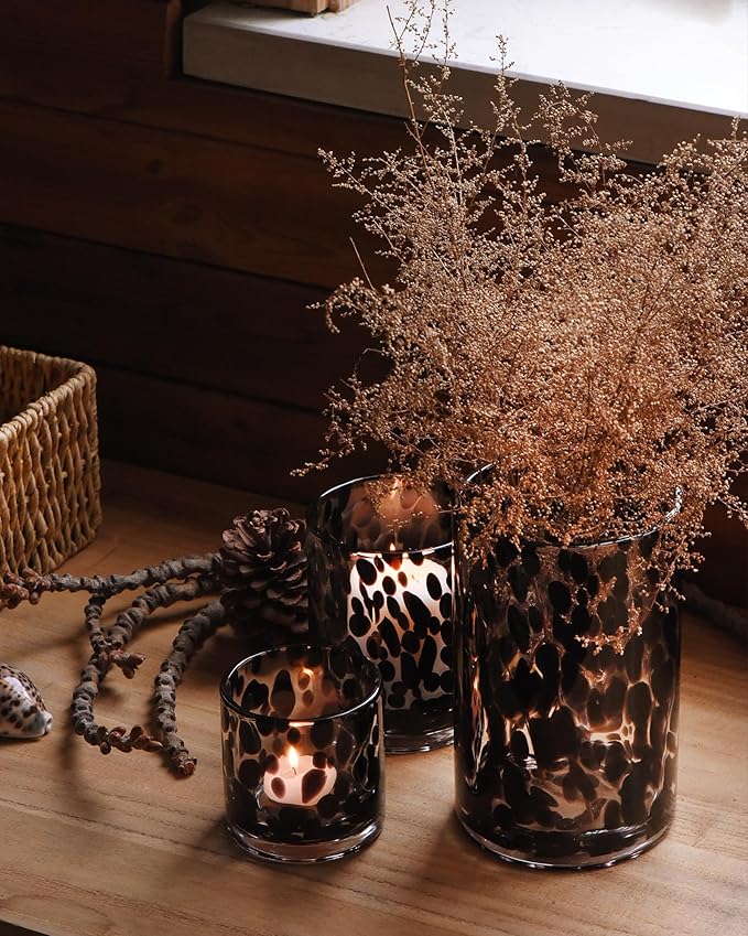 ARIAMOTION Glass Hurricane Candle Holder Set,Table Decoration Centerpieces for Pillar Votive Tealights Clear Cylinder Vase with Black Tortoise Pattern, 8 Inch 5 Inch 3.5 Inch Height, 3 Piece