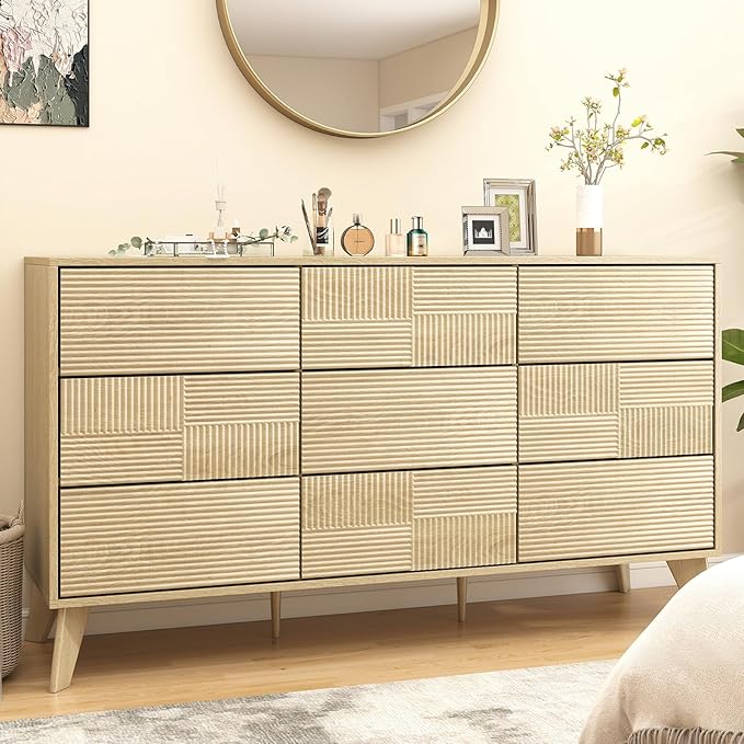 Hadulcet Wooden Dresser for Bedroom, Mid Century Modern 55” Long Fluted 9 Drawers Dresser Storage Clothes for Closet Organizer, Handleless Design, Push to Open, Natural Oak