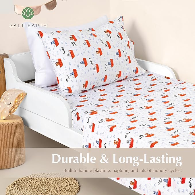 Salt Earth 100% Cotton 210TC Kids Bedsheet, Twin Sheets Set for Toddler Bed, 3 Piece Bedding Set Including Flat Sheet, Fitted Sheet, and Pillowcase, Themed Cute Sheets for a Playful Kids Bed (Ahoy)
