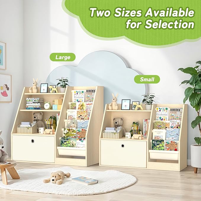 TOETOL Kids Bookshelf & Book Storage，6 Sling Wooden Toddler Book Shelf，3-Tier Wooden Open Bookcase & Storage Organizer Boxes for Nursery, Playroom, Bedroom