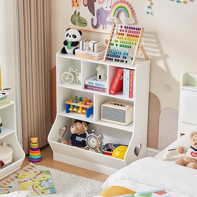 Lerliuo Kids Toy Storage Organizer, 3 Tier Children Small Bookcase and Bookshelf, Toddler 7 Cubby Toy Storage Cabinet, Toy Shelf for Playroom, Bedroom, Living Room, Nursery, School 29.53'' H (White)