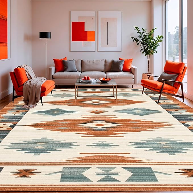 Flatwoven High Traffic Area Rug 8x10, Southwestern Horizon Vista, Non Slip, Stain Resistant, Washable Area Rugs for Living Room, Bedroom (Orange, 8x10)