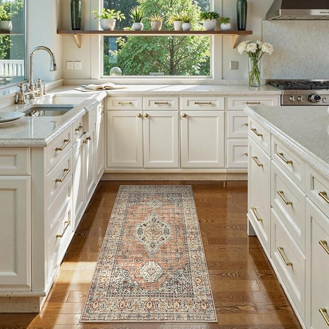 Lahome Oriental Small Area Rug, 2x4 Soft Washable Rugs for Entryway Kitchen, Non-Slip Ultra-Thin Fall Indoor Door Mat Distressed Vintage Small Carpet for Bathroom Bedroom, Peach/Orange