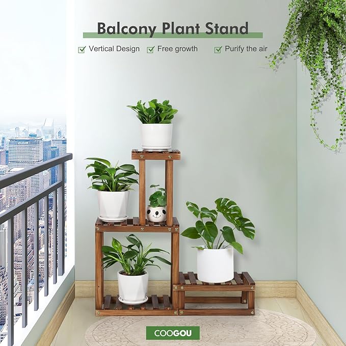 Wood Plant Stand Indoor Outdoor 4 Tiers Plant Rack Corner Planter Shelf Flower Pot Holder for Living Room Garden Patio Yard Porch (Space Saving,27.6”,Small)