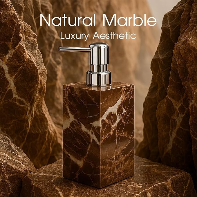 Real Natural Marble Soap Dispenser with Stainless Steel Pump Decorative Liquid Hand Soap Bottle for Kitchen Bathroom, Compatible with Lotion, Dish Soap Shower Gel (Coffee 1 Set)