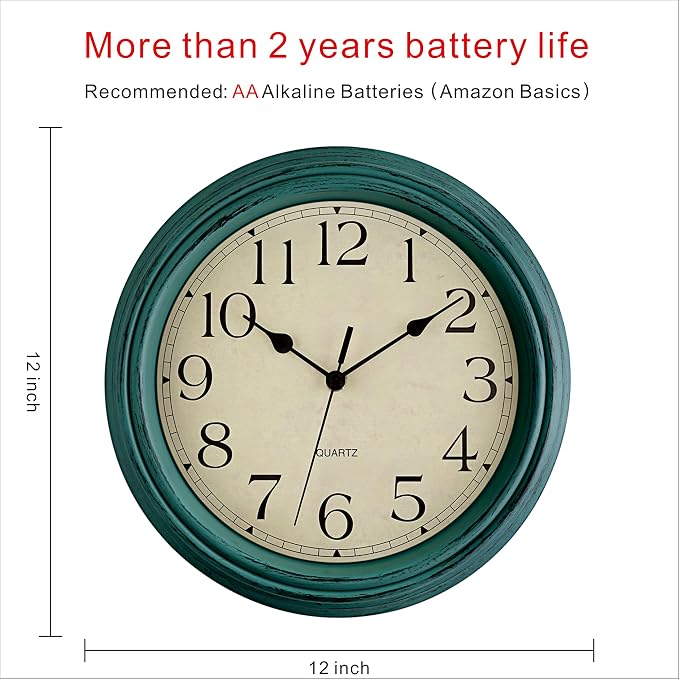 Foxtop Retro Silent Non-Ticking Round Classic Clock 12 Inch Quartz Decorative Battery Operated Wall Clock for Living Room Kitchen Home Office (Turquoise)