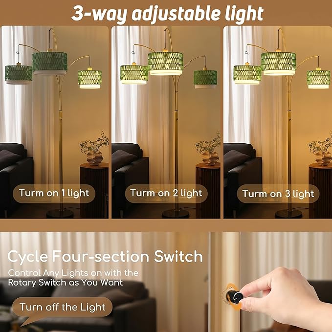 Arc Floor Lamp for Living Room, 80 Inch Gold Rattan Floor Lamp with Rotary Switch, 3 Lights Boho Tall Lamp with Green Wicker Shade for Coastal,Bohemian,Tree Farmhouse Standing Lamp