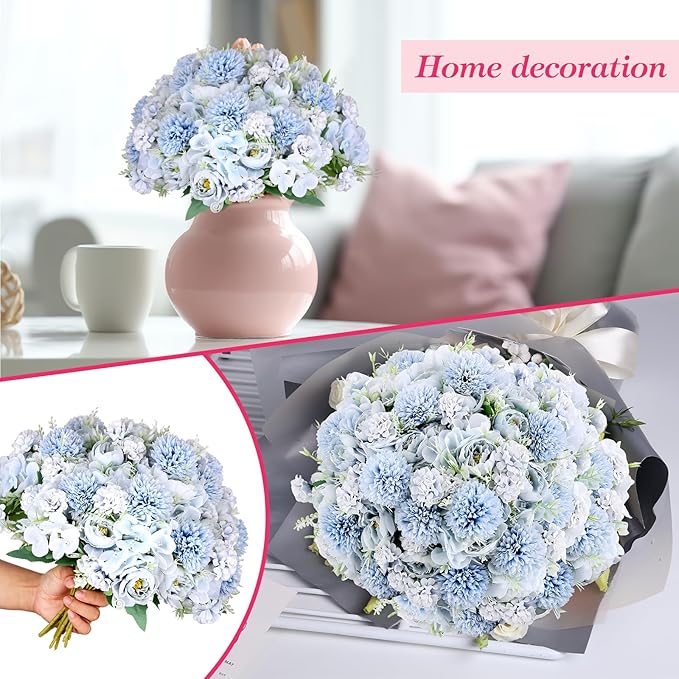 Olgaa 12 Bundles Peonies Artificial Flowers Silk Flowers Fake Peony Bouquet Faux Peonies Flowers Bulk for Wedding Decor Centerpiece Table Decorations (Light Blue)