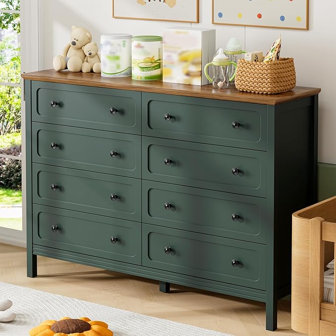 Green Dresser for Bedroom, 8 Drawer Dresser with Metal Handles, 55" Wide Modern Dressers & Chest of Drawers for Living Room, Hallway, Entryway