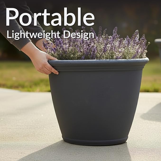 Sunnydaze 20-Inch Anjelica Large Plastic Pot for Plants - Double-Walled Outdoor Polyresin Round Planter Porch Pot with Drillable Drainage Holes - Slate - 4pk