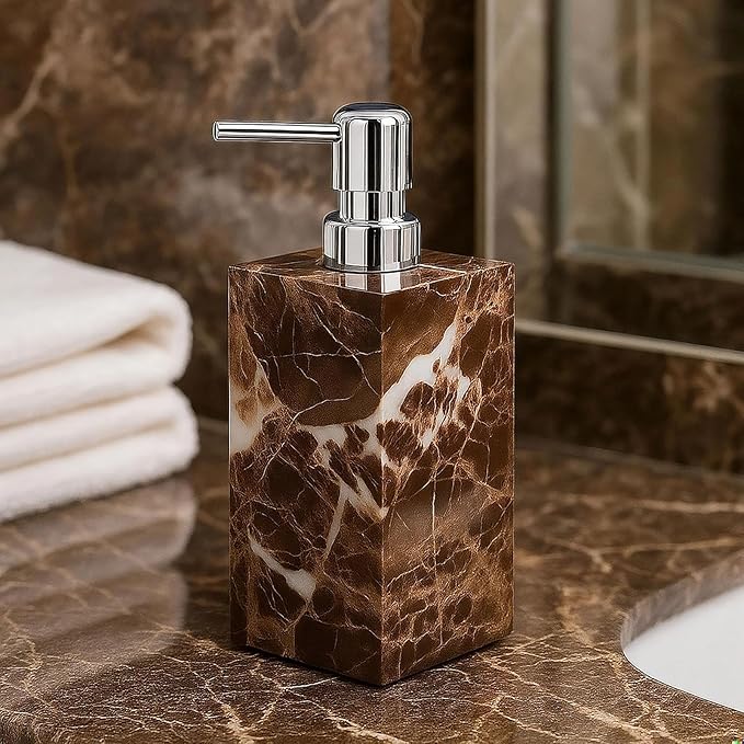 Real Natural Marble Soap Dispenser with Stainless Steel Pump Decorative Liquid Hand Soap Bottle for Kitchen Bathroom, Compatible with Lotion, Dish Soap Shower Gel (Coffee 1 Set)