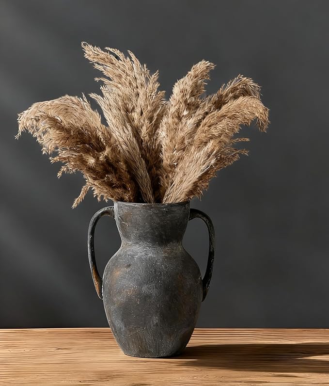 Antique Ceramic Rustic Vase with 2 Handles, Farmhouse Round Flower Vase, Vintage Terracotta Vases for Home Decor, Wedding, Living Room, Table, Shelf Decor - 8.6 Inch Tall, Black Bronze