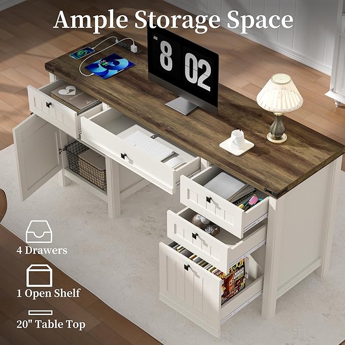 Executive Desk, Modern Farmhouse Computer Desk with Drawers & Cabinet, Home Office Desk for Work Study Writing Workspace (White, 62")