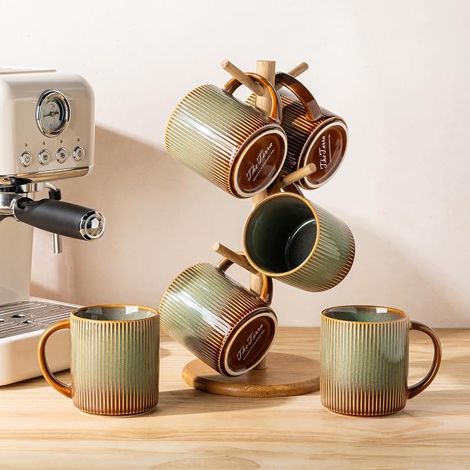 theterra Ceramic Coffee Mugs Set of 6, 14.2oz Handmade Coffee Cups with Handle for Latte, Tea, Milk, Beer, Hot Cocoa, Sage Umber