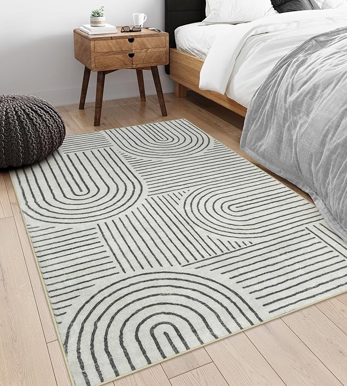 Lahome Abstract Bedroom Rug, Soft 4x6 Rug Ultra-Thin Washable Area Rugs for Living Room, Modern Black Rug Non-Slip Throw Carpet for Entryway Office Kitchen Darrell(4'x6',Black)