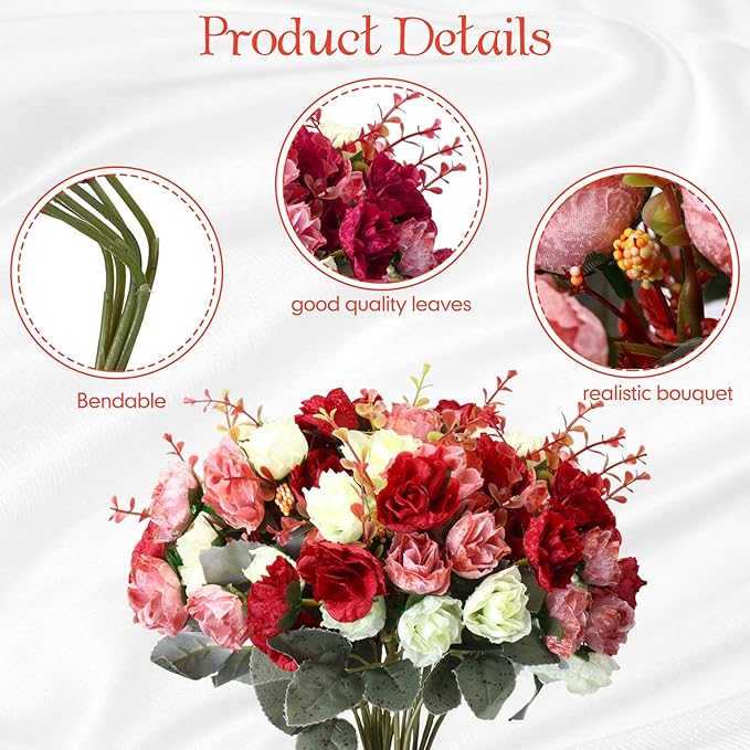 Geosar 8 Pcs Rose Artificial Flowers Fake Flowers Bouquet 21 Heads Silk Faux Floral Bundles with Stem for Home Bridal Wedding Arrangements Table Centerpieces Party Decor (Mixed Colors)