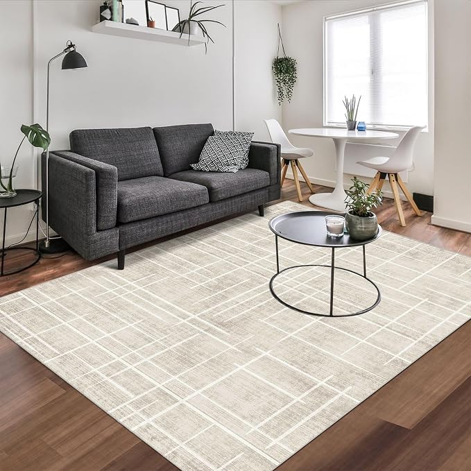 5x7 Area Rugs - Ultra-Thin Washable Rug with Non-Slip Backing, Ideal for Living Room, Bedroom, Kitchen Floor Carpet - Modern Neutral Style, Easy Clean, Durable, Low Pile Rug, Ivory Stripe