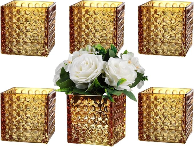 Square Vases Set of 6, 5" x 5" x 5" Square Glass Vases for Flowers, Amber Flower Vase for Centerpieces, Small Bubble Vase for Wedding, Party, Home, Office, Parties, Events