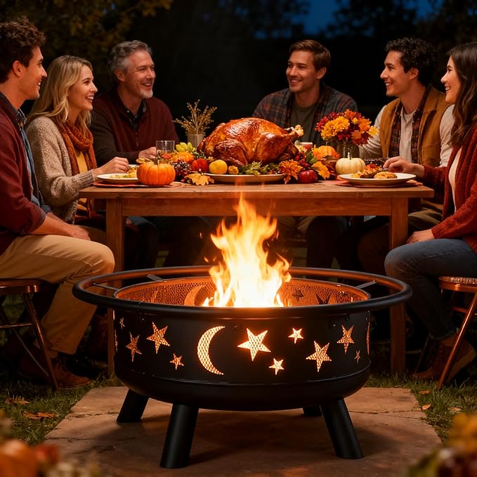 32" Round Wood Burning Fire Pit with Mesh Cover, Fire Poker, Star & Moon Cutouts, Metal Outdoor Firepit for Patio, Backyard, Garden, Bonfire, Camping, Christmas, Thanksgiving, Halloween