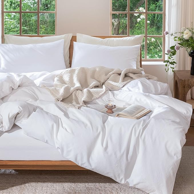 MooMee Bedding Duvet Cover Set 100% Washed Cotton Linen Like Textured Breathable Durable Soft Comfy (Solid Bright White, Cal King 104"x98")