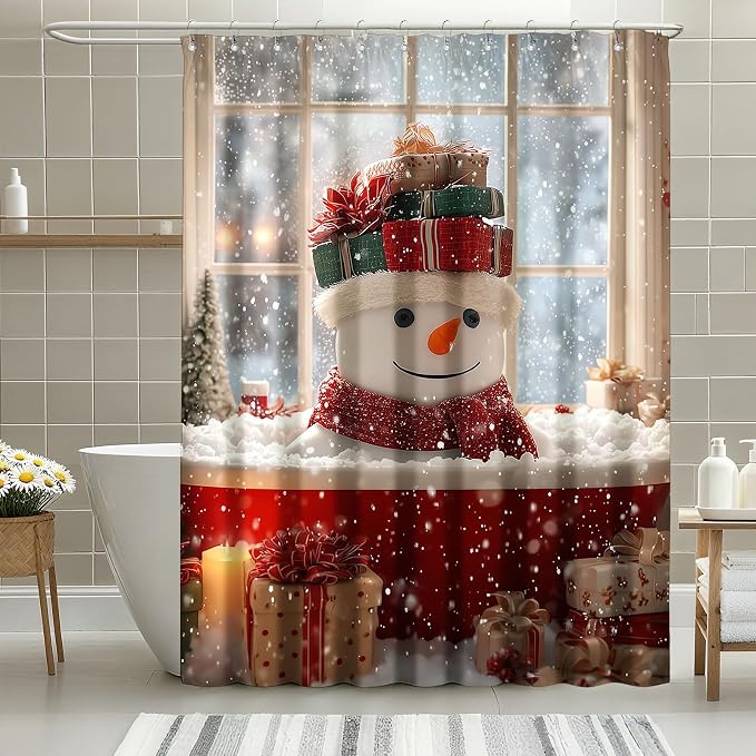 Winter Christmas Shower Curtain Cute Snowman Snowflake Shower Curtains for Bathroom Waterproof Fabric Bath Curtain Decor with Hooks