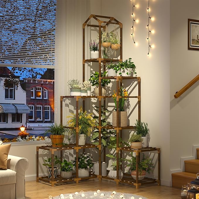 EnHomee 64.2" Corner Plant Stand Indoor Tall Plant Shelf for 13-19 Pots Tiered Plant Stands for Outdoor, Multiple Plants Tiered Wood Shelf for Living Room, Balcony, Patio