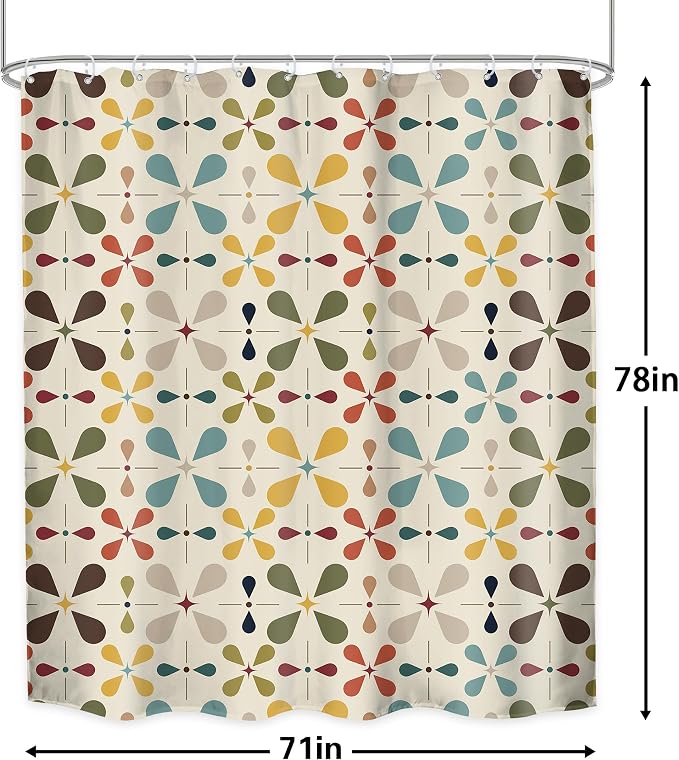 Boho Mid Century Shower Curtain Bathroom Set 71Wx78H Inches Modern Abstract Vintage Colourful Geometric Bohemian Retro Bath Accessories Water Drop Art Home Decor Fabric 12 Pack Hooks