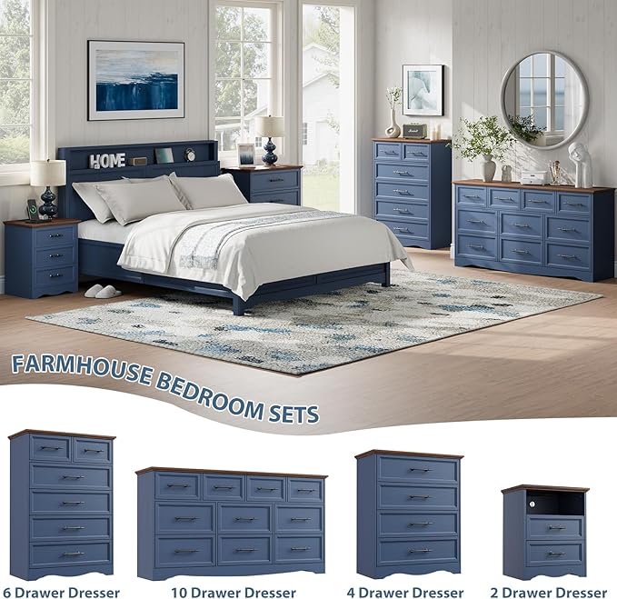 Blue Nightstand with Charging Station, 19.7" Farmhouse End Table with 3 Drawers Storage, Wooden Night Stand, Bed Side Table with Unique Base Design, 3 Drawer Dresser for Bedroom, Living Room