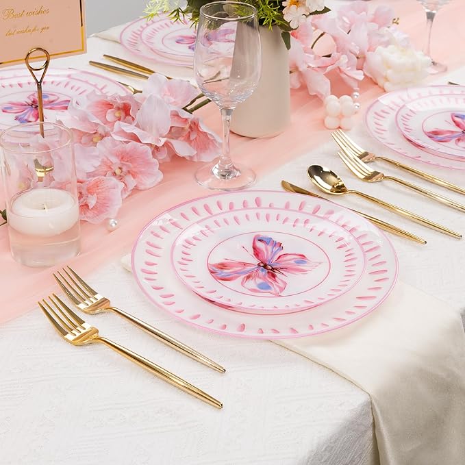 U-QE 20Pcs Pink Plastic Plates for Party - Pink Butterfly Plates Disposable Heavy Duty includes 7.5" Dessert & 10.25" Dinner Plates, Ideal Suitable for Baby Shower, Garden Gathering and Themed Event