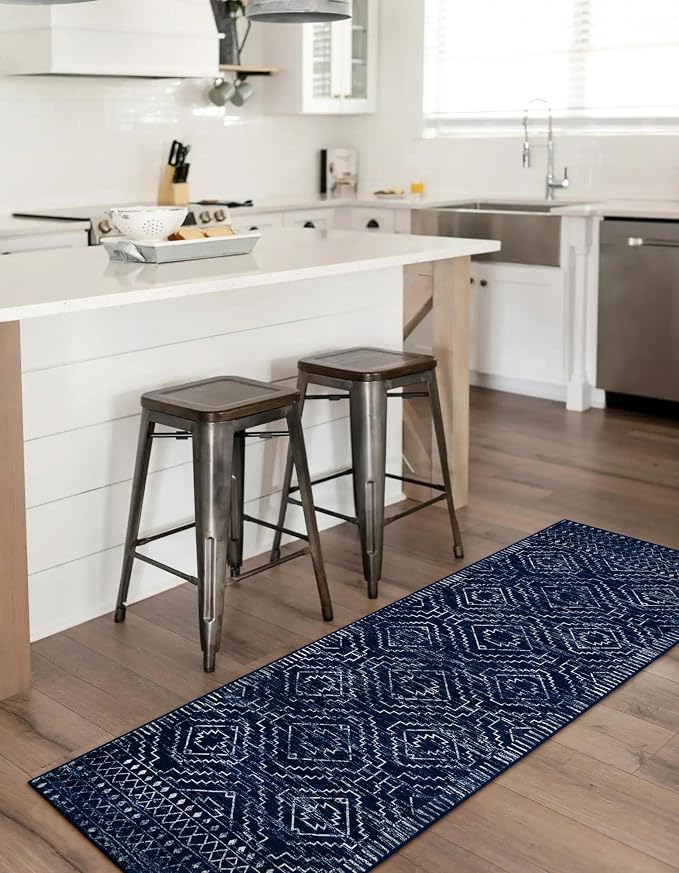 Wonnitar Moroccan Kitchen Runner Rugs, Non-Skid Washable Runner Rug 2x6, Bohemian Non-Shedding Soft Blue Hallway Runner, Geometric Low Pile Carpet Runner for Laundry Bath Entrance (Blue,2'x6')