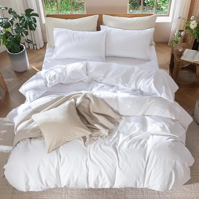 MooMee Bedding Duvet Cover Set 100% Washed Cotton Linen Like Textured Breathable Durable Soft Comfy (Solid Bright White, Oversized King Plus 128"x120")