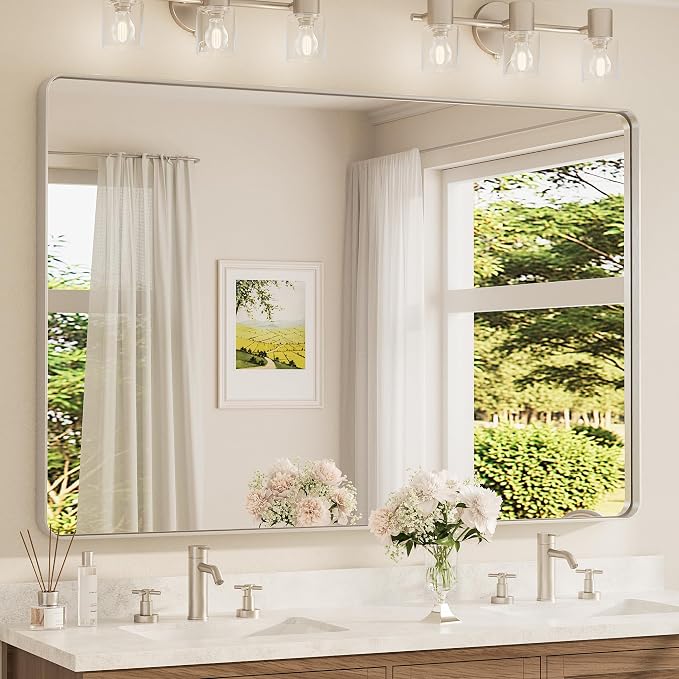 TETOTE 60 x 40 Inch Brushed Nickel Mirror for Bathroom Over Sink Metal Framed Mirror Modern Farmhouse for Living Room Entryway(Horizontal/Vertical)