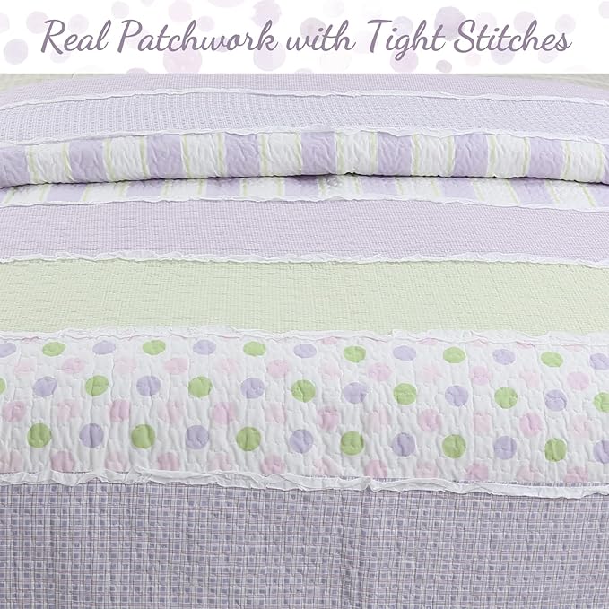 Cozy Line Home Fashions Lavender Green Stripe Dots Girl 100% Cotton Reversible Quilt Bedding Set, All-Season Coverlet Bedspread (Purple Dots, Queen - 3 Piece)