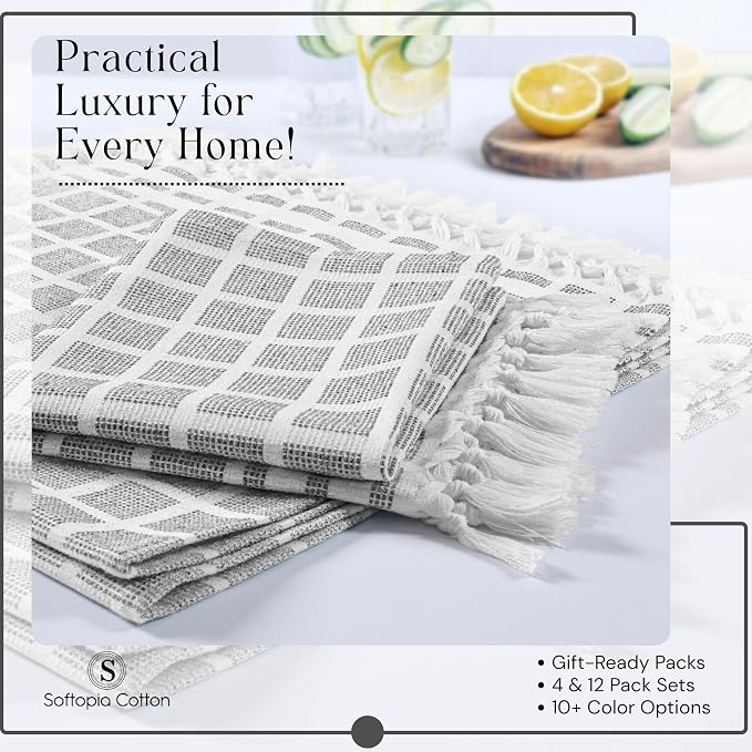 Matrix Dobby Kitchen Dish Towels Set of 4, 100% Cotton, 16x26 Inches, Reusable Dishcloths with Handmade Knotted Tassels, Absorbent, Washable Towels for Cleaning - Dark Gray, White