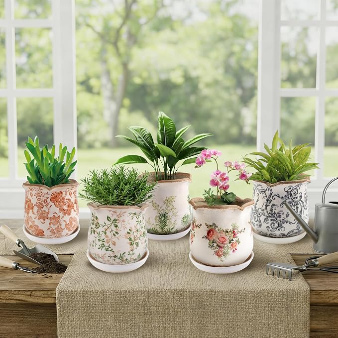 Ceramic-Planters-for-Indoor-Plants with Saucer, 6 inch Vintage Ice Crackle Glaze Plant Pots with Drainage Holes, Decorative Flower Pots for Outdoor Garden Home Decor, Tuscan Pot for Plant