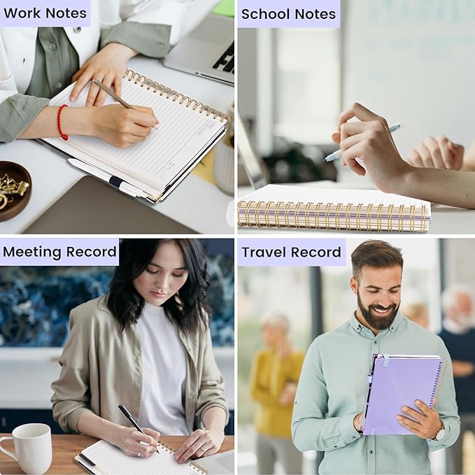 FLYING EAGLE Leather Spiral Notebooks for Work 5 Subject Notebook College Ruled with Dividers Pen, 360 Pages B5 Hardcover Lined Journals for Women Men Writing,Purple