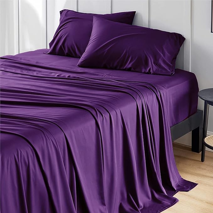 Bedsure California King Sheet Sets, Cooling Sheets for Hot Sleepers, Rayon Derived from Bamboo, Breathable & Soft, Deep Pocket Up to 16 Inches, Hotel Luxury Silky Bedding, Plum