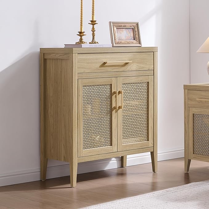 SICOTAS Sideboard Buffet Cabinet with Drawers - Credenza Storage Cabinet with Adjustable Shelves, Farmhouse Sideboards Coffee Bar Console Cabinets for Kitchen Living Room Entryway, Light Walnut, 2 PCS