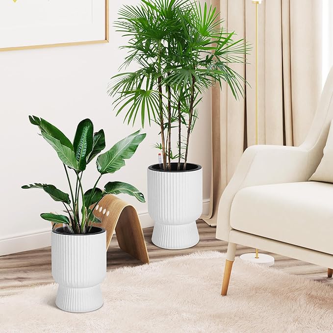 14.2" Tall Planters Set of 2, Plant Pots, Self Watering Pots for Indoor Plants, Flower Pots With Built-In Drainage and a Water Level Monitor, for Patio, Porch, Living Room, or Office, Marble White