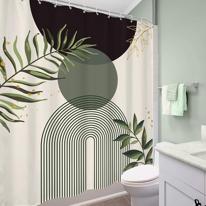 Dark Green Boho Shower Curtain 60Wx72H Teal Green Modern Bohemian Mid Century Abstract Gold Leaves Plant Bathroom Decor Minimalist Geometric Neutral Bath Curtain Fabric Polyester 12 Pack Hooks