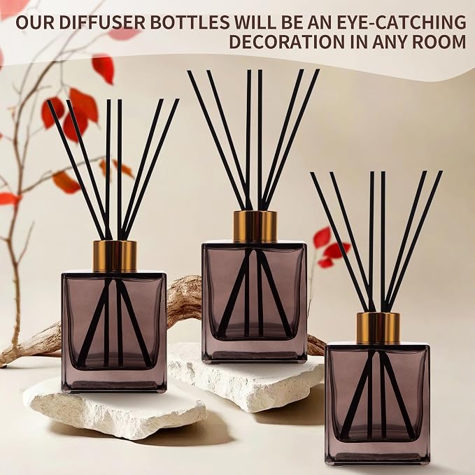 6 Pack Perfume Reed Diffuser Bottle,Empty Square Essential Oil Bottles Glass Jar with Black Sticks for DIY Fragrance Replacement Diffuser Sets (200ml/6.8 oz, Brown Color)