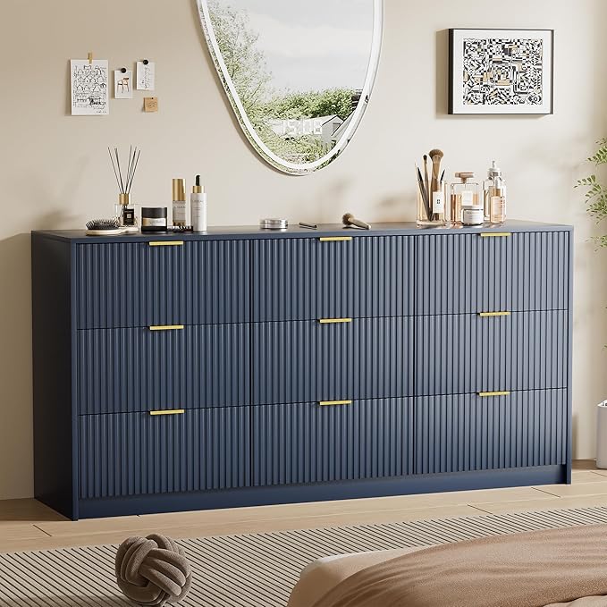 Blue Dresser for Bedroom, Modern Dresser with 9 Drawers and Smooth Slides, Wide Chest of Drawers with Golden Handles for Bedroom, Living Room, Closet, 15.7" D x 63" W x 31.5" H