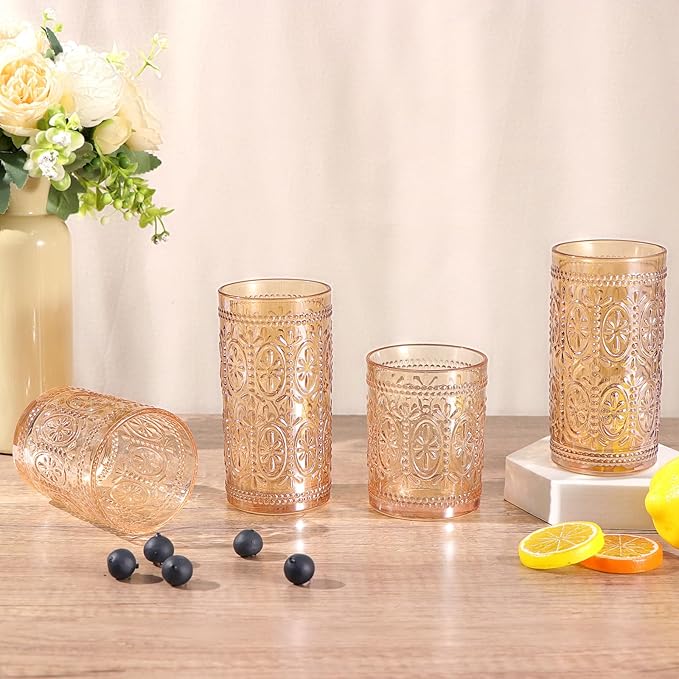 Amber Glassware Set of 4, Vintage Drinking Glasses, Colored Glassware Drinking, Highball Embossed Beverage Glasses Cup for Water, Juice, Cocktail, Coffee (2pcs12oz+2pcs10oz）