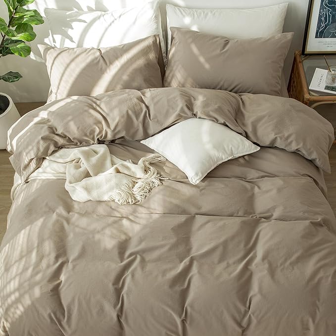 MooMee Bedding Duvet Cover Set 100% Washed Cotton Linen Like Textured Breathable Durable Soft Comfy (Solid Mocha Brown, Oversized King Plus 128"x120")